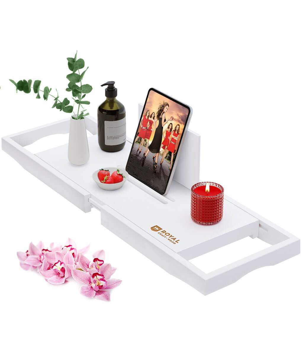 Bath Caddy Tray - Luxury Expandable Bamboo Bathtub Tray Caddy