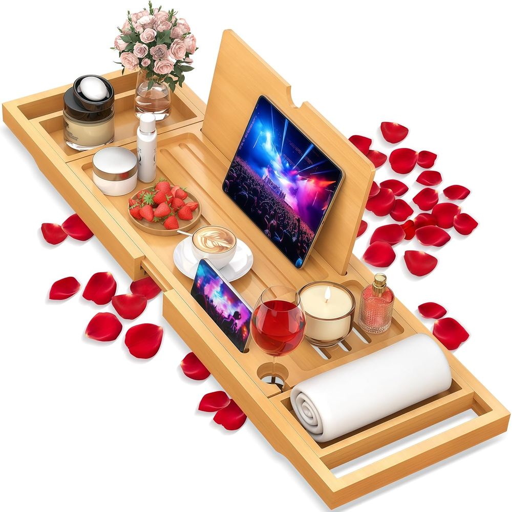 Bath Caddy Tray - Elegant Bamboo Bath Caddy with Adjustable